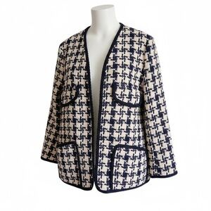 Tongse Studio Navy Cream Tweed Cotton Blend Jacket Medium Lined Open Front